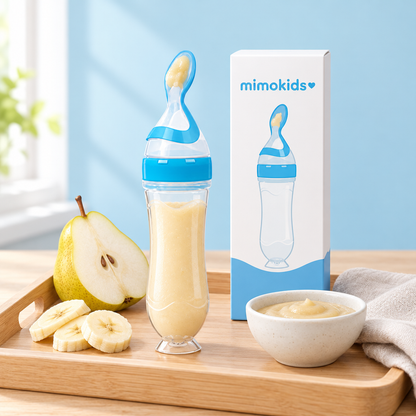 Cuchara biberón Mimokids azul con papilla