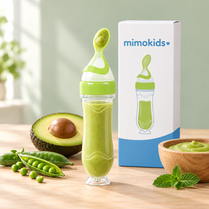 Cuchara biberón Mimokids verde con papilla