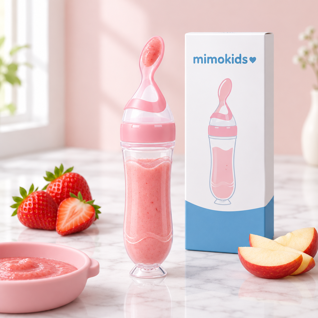 Cuchara biberón Mimokids rosa con papilla