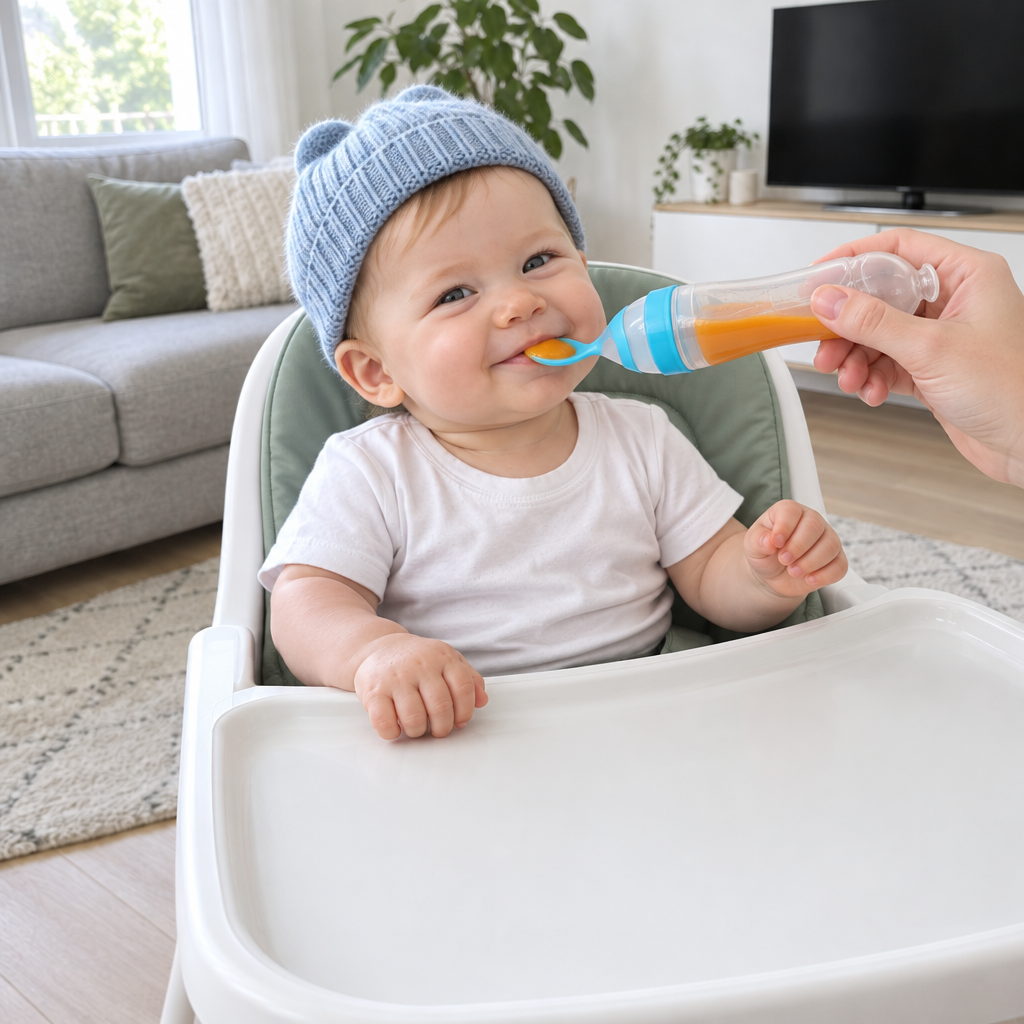 Bebé sonriendo comiendo con la cuchara biberón Mimokids